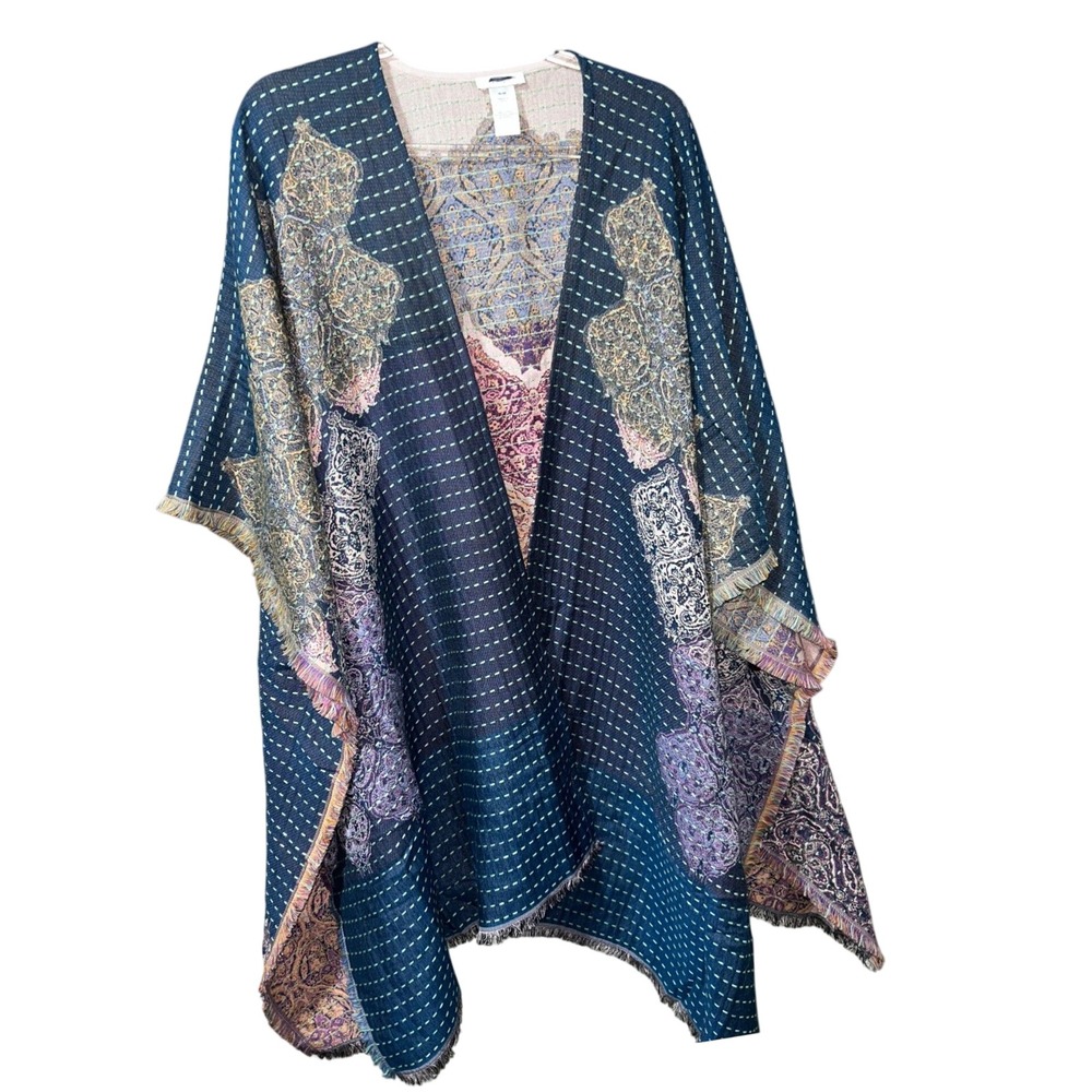 Pure Jill J.Jill‎ Blue Multi Tapestry Print Fringe Cardigan Wrap XL-3X Boho